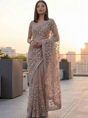 Beige floral embroidered net designer saree 2