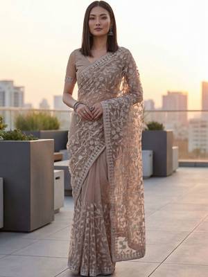 Beige floral embroidered net designer saree 3