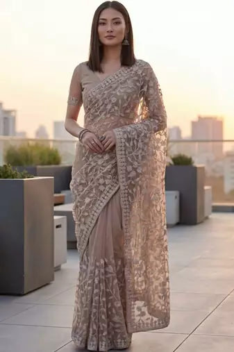 Beige floral embroidered net designer saree