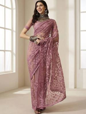 Pink embellished embroidered net designer saree 1