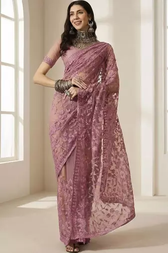 Pink embellished embroidered net designer saree