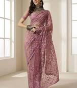 Pink embellished embroidered net designer saree