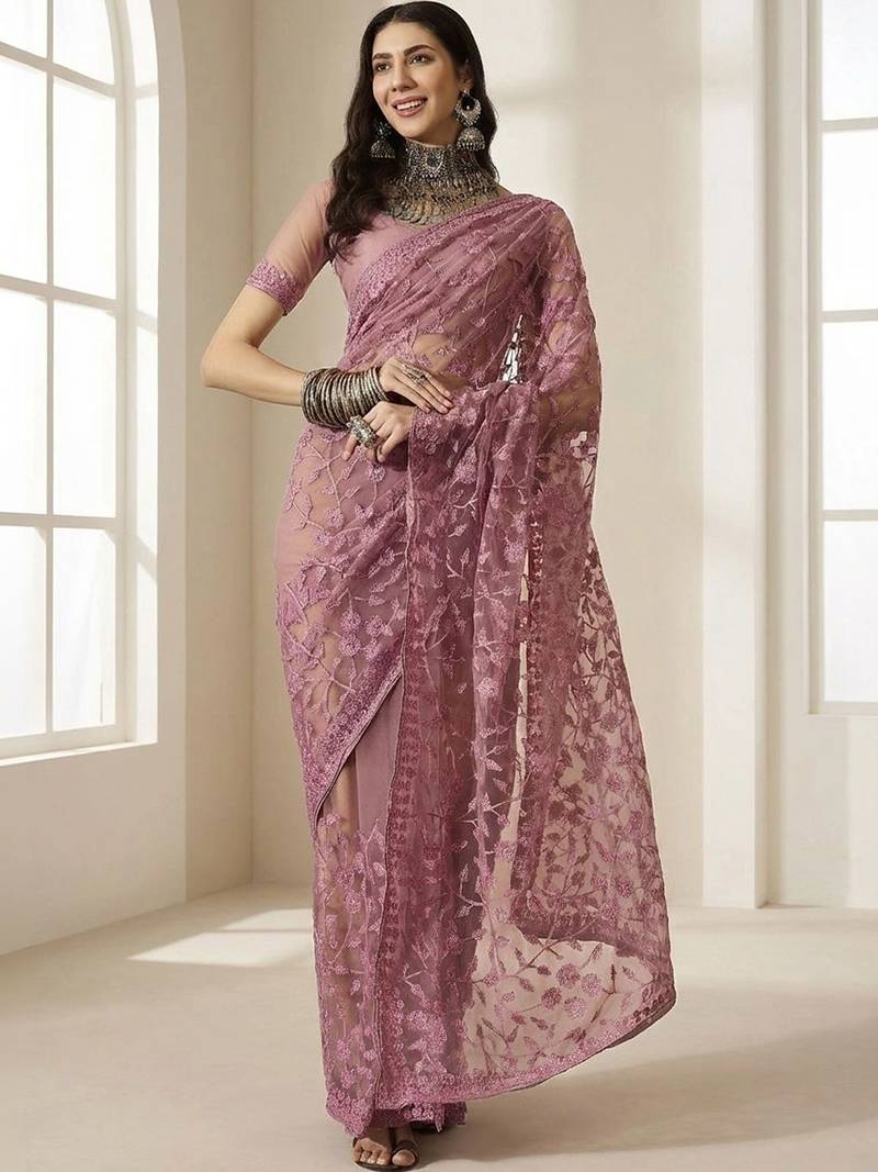 Pink embellished embroidered net designer saree