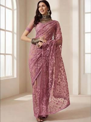 Pink embellished embroidered net designer saree 2