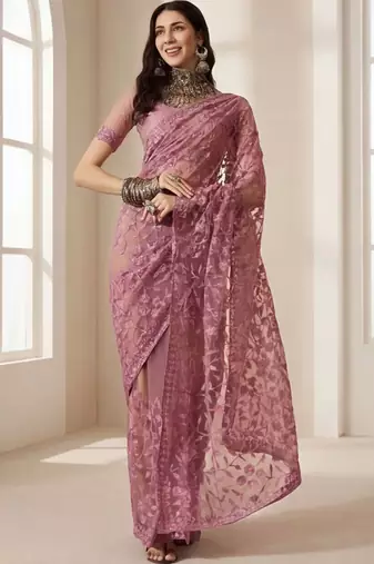 Pink embellished embroidered net designer saree