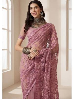 Pink embellished embroidered net designer saree 3
