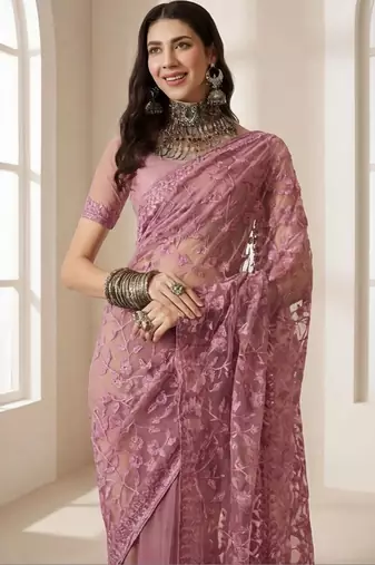 Pink embellished embroidered net designer saree