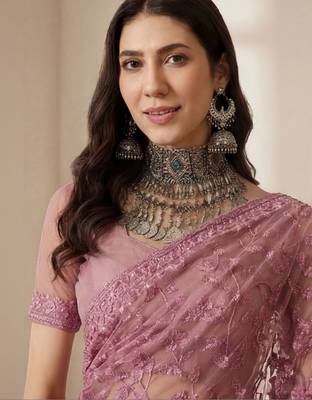 Pink embellished embroidered net designer saree 5