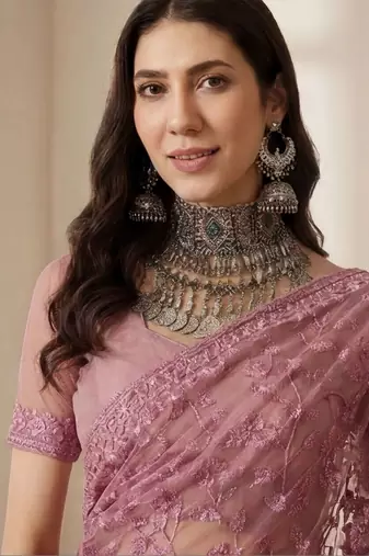 Pink embellished embroidered net designer saree