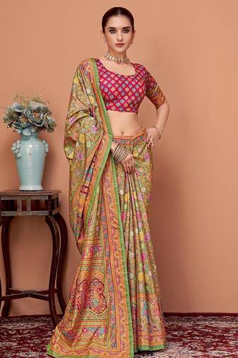 Green floral printed saree