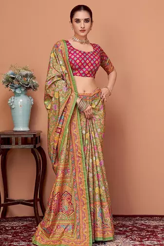 Green floral printed saree