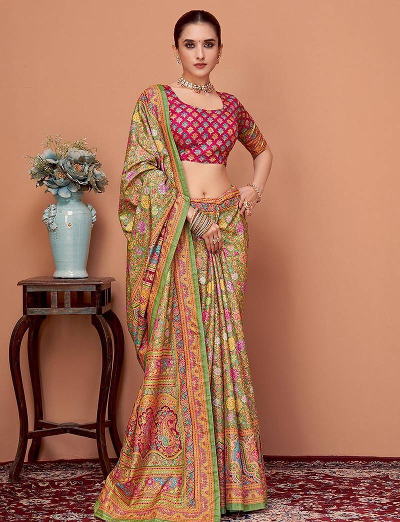 Green floral printed saree
