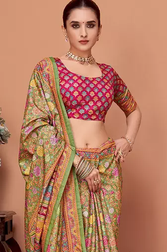 Green floral printed saree