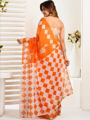 Orange orange linen printed ready to wear saree 2