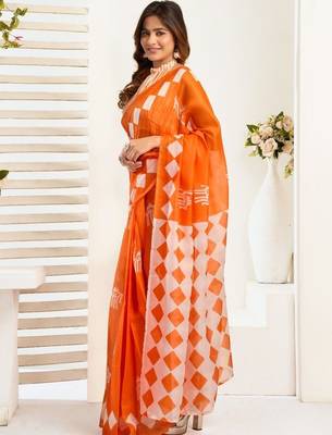 Orange orange linen printed ready to wear saree 3