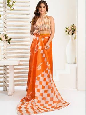 Orange orange linen printed ready to wear saree 5