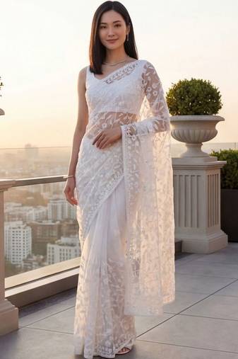 White embellished embroidered net designer saree