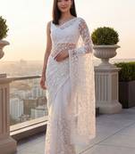 White embellished embroidered net designer saree
