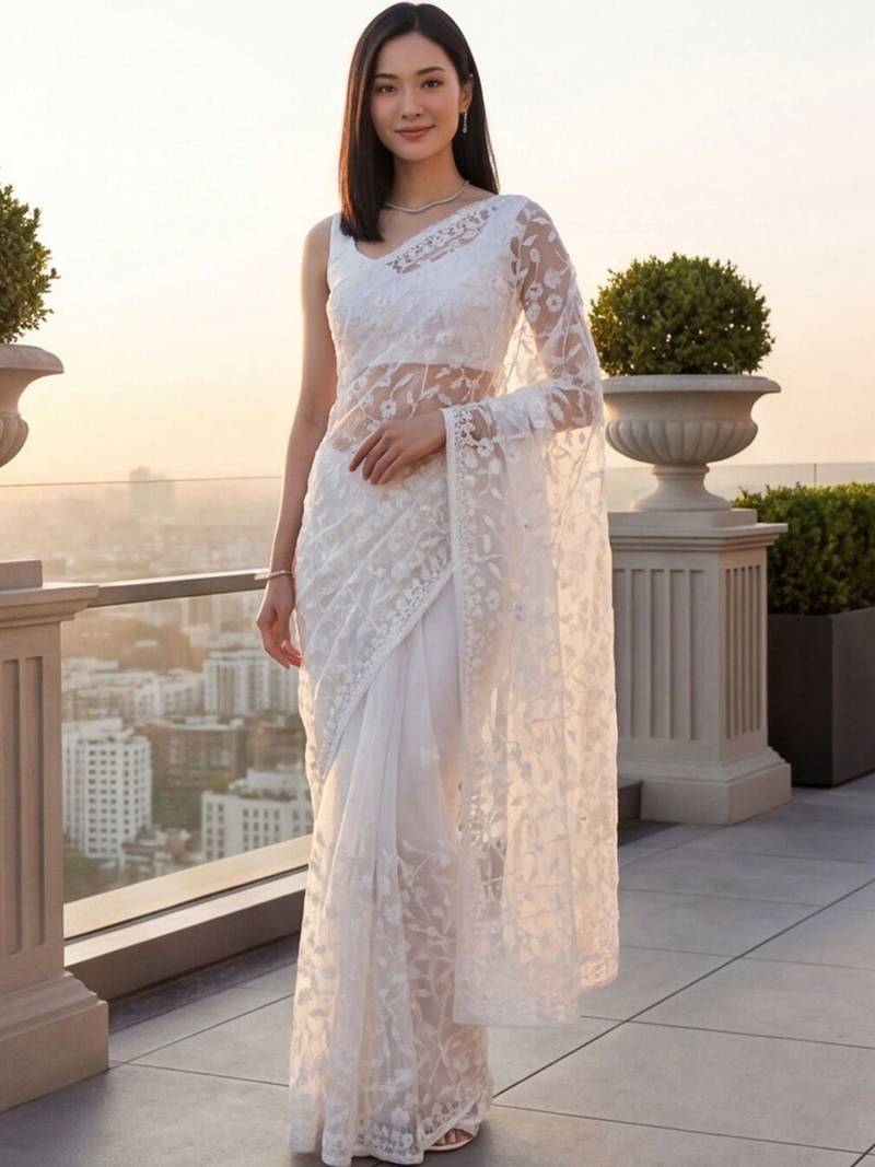 White embellished embroidered net designer saree