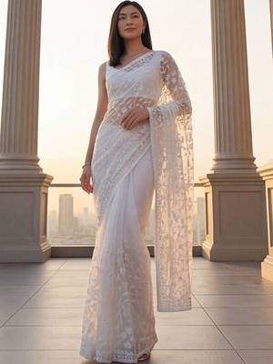 White embellished embroidered net designer saree 2