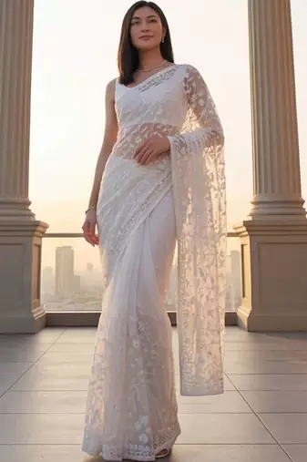 White embellished embroidered net designer saree