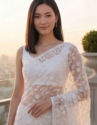 White embellished embroidered net designer saree 3