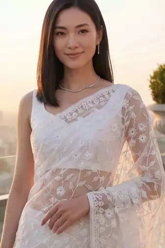 White embellished embroidered net designer saree