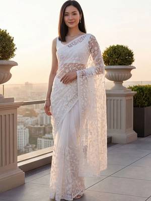 White embellished embroidered net designer saree 4