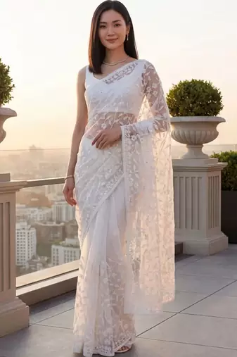 White embellished embroidered net designer saree