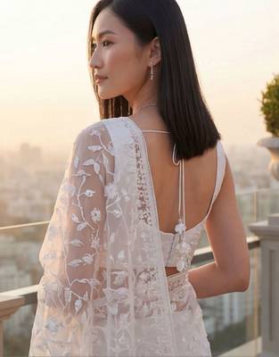 White embellished embroidered net designer saree 5