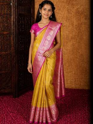 Mustard girls woven design zari art silk saree 1