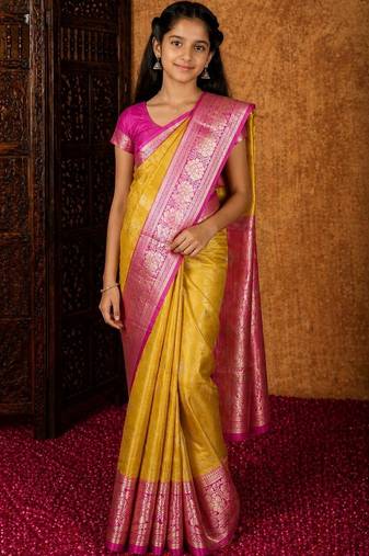 Mustard girls woven design zari art silk saree