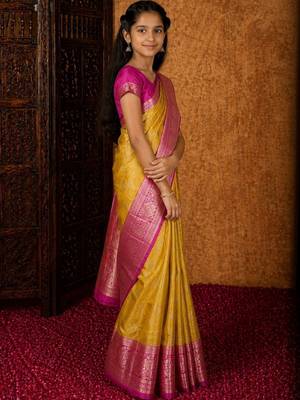 Mustard girls woven design zari art silk saree 2