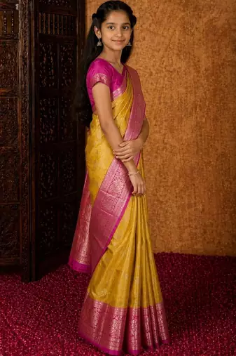 Mustard girls woven design zari art silk saree