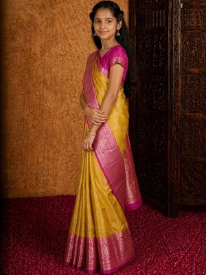 Mustard girls woven design zari art silk saree 3