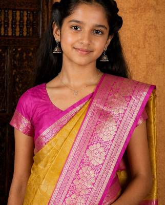 Mustard girls woven design zari art silk saree 4