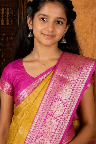 Mustard girls woven design zari art silk saree