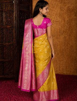 Mustard girls woven design zari art silk saree 5