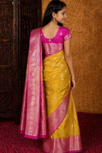 Mustard girls woven design zari art silk saree