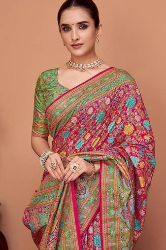 Pink kalamkari printed saree with matching blouse