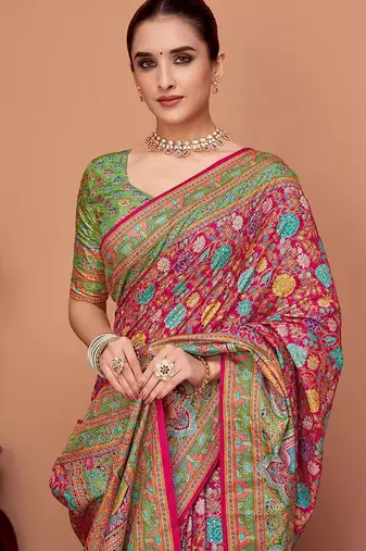 Pink kalamkari printed saree with matching blouse