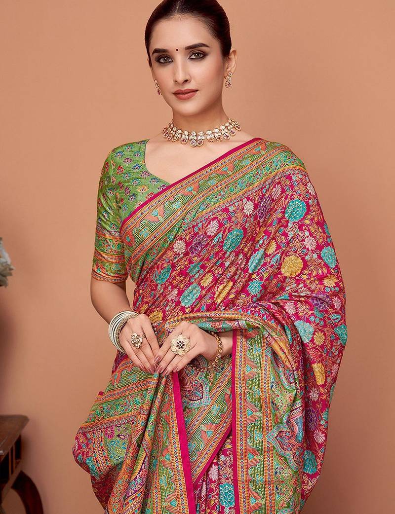 Pink kalamkari printed saree with matching blouse