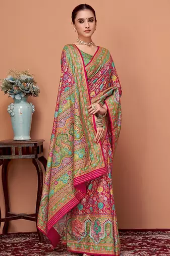 Pink kalamkari printed saree with matching blouse