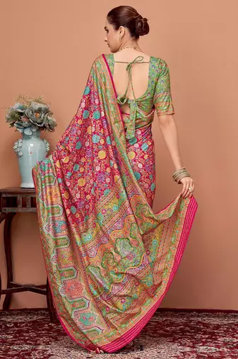 Pink kalamkari printed saree with matching blouse
