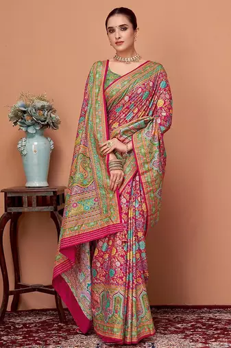 Pink kalamkari printed saree with matching blouse