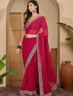 Pink floral embroidered poly georgette saree with unstiched blouse piece 2