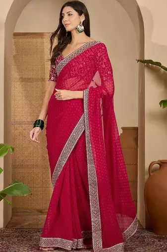 Pink floral embroidered poly georgette saree with unstiched blouse piece