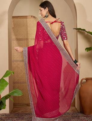 Pink floral embroidered poly georgette saree with unstiched blouse piece 3