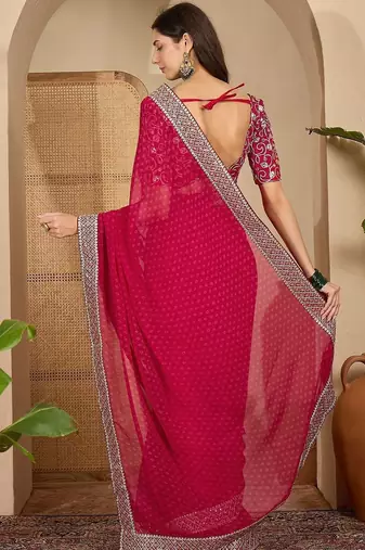 Pink floral embroidered poly georgette saree with unstiched blouse piece