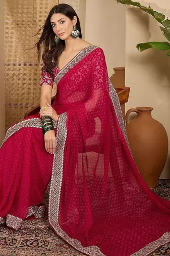 Pink floral embroidered poly georgette saree with unstiched blouse piece